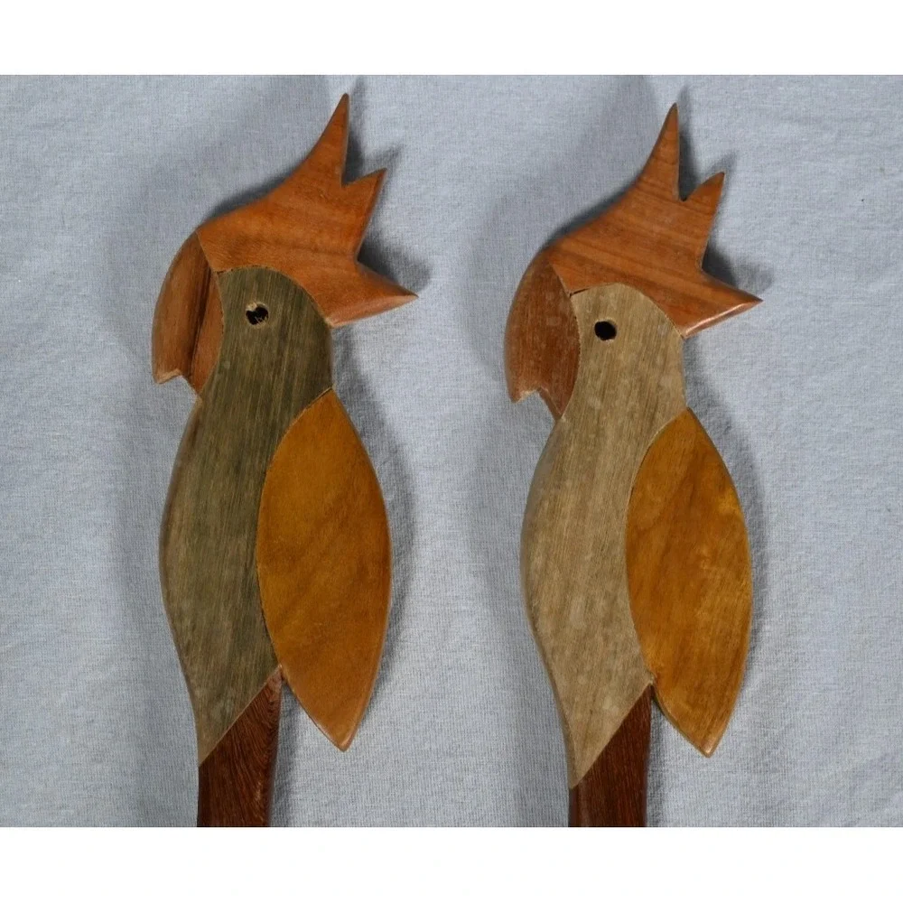 Set of 2 Wooden Parrot Salad Servers Hand Carved Utensils 13-7/8